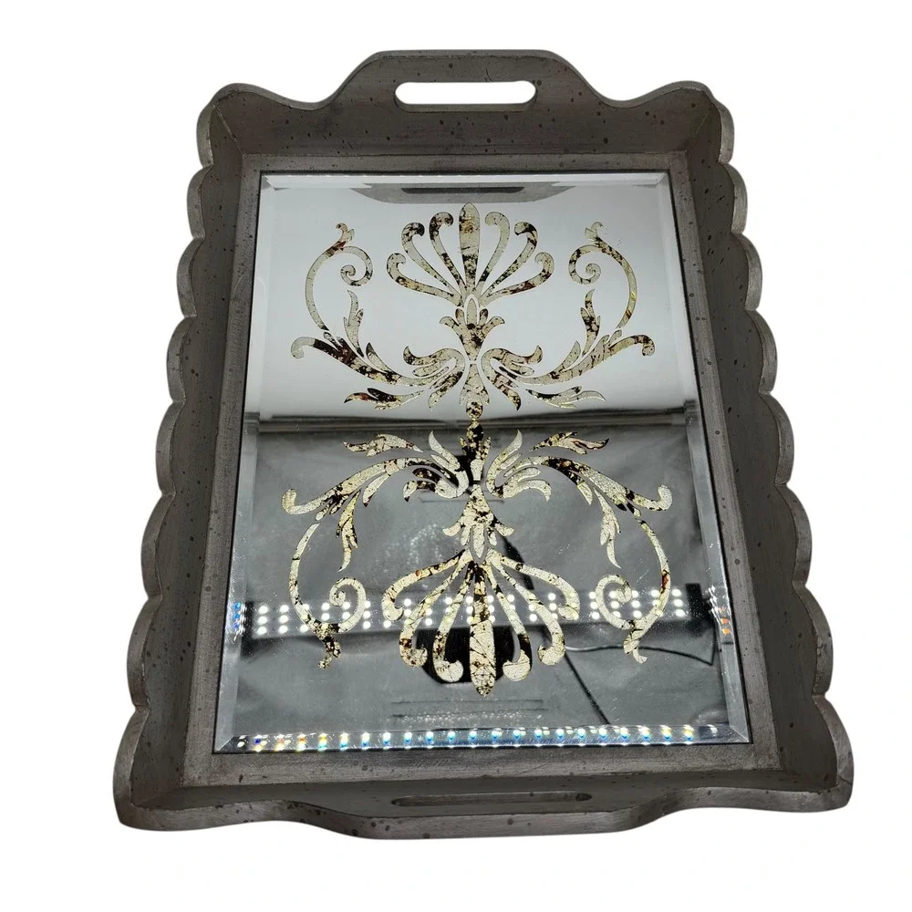 Decorative Mirrored Serving Tray Gray Wood Gold Scroll‎ Accent Handles